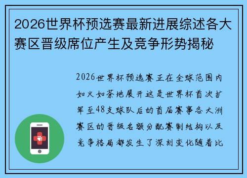 2026世界杯预选赛最新进展综述各大赛区晋级席位产生及竞争形势揭秘