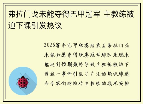 弗拉门戈未能夺得巴甲冠军 主教练被迫下课引发热议