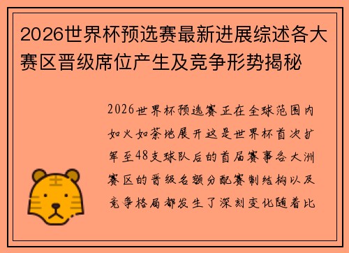 2026世界杯预选赛最新进展综述各大赛区晋级席位产生及竞争形势揭秘